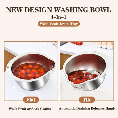 Rice Washer Strainer Bowl - 4-in-1 Washing Bowl - Cleaning Fruits, Vegetables, and Beans etc.