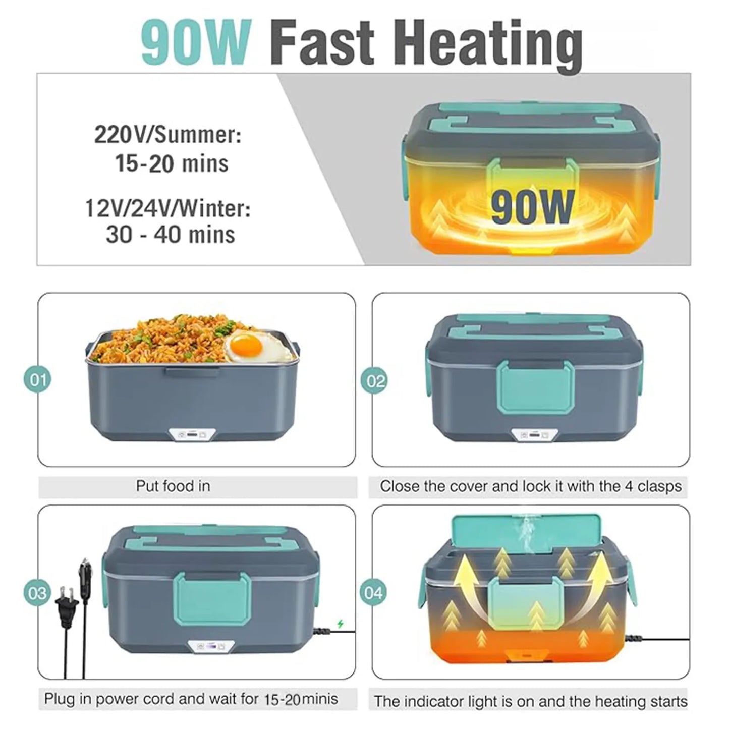 TINSOL New 3.5L Electric Heated Lunch Box No Water Refillable Food Heated Lunch Box Car Work Lunch Heater 90W Fast Heating