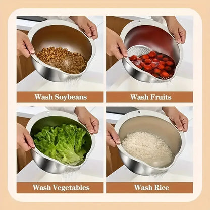 Rice Washer Strainer Bowl - 4-in-1 Washing Bowl - Cleaning Fruits, Vegetables, and Beans etc.