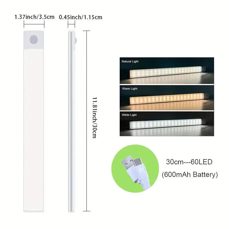 LED Cabinet Light USB Type-C Rechargeable Motion Sensor Led Lamp for Kitchen Wardrobe Cabinet Lighting 20cm/30cm/40cm/50cm/60cm