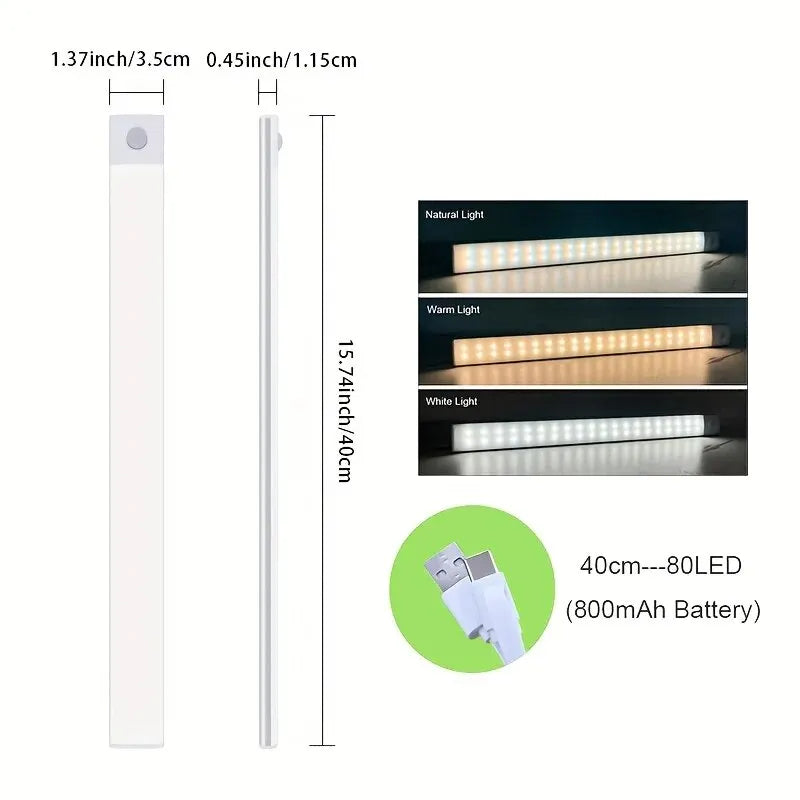 LED Cabinet Light USB Type-C Rechargeable Motion Sensor Led Lamp for Kitchen Wardrobe Cabinet Lighting 20cm/30cm/40cm/50cm/60cm